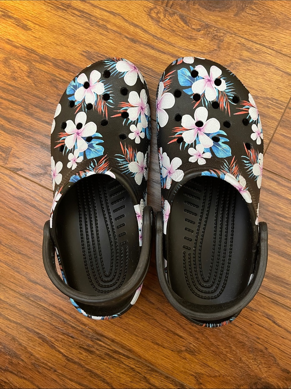 CROCS Black Floral Clogs with Pink & Blue Flowers